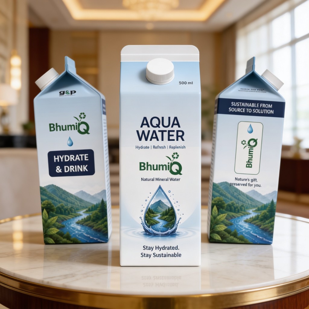 BhumiQ Tetra Pack Water cartons on a marble surface with aqua tones.