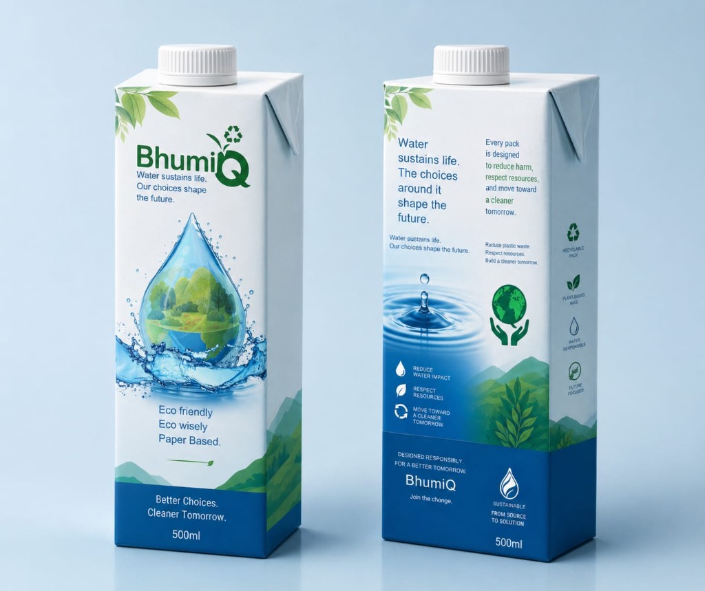 Flat lay of BhumiQ Tetra Pack Water showing pack layout and branding.